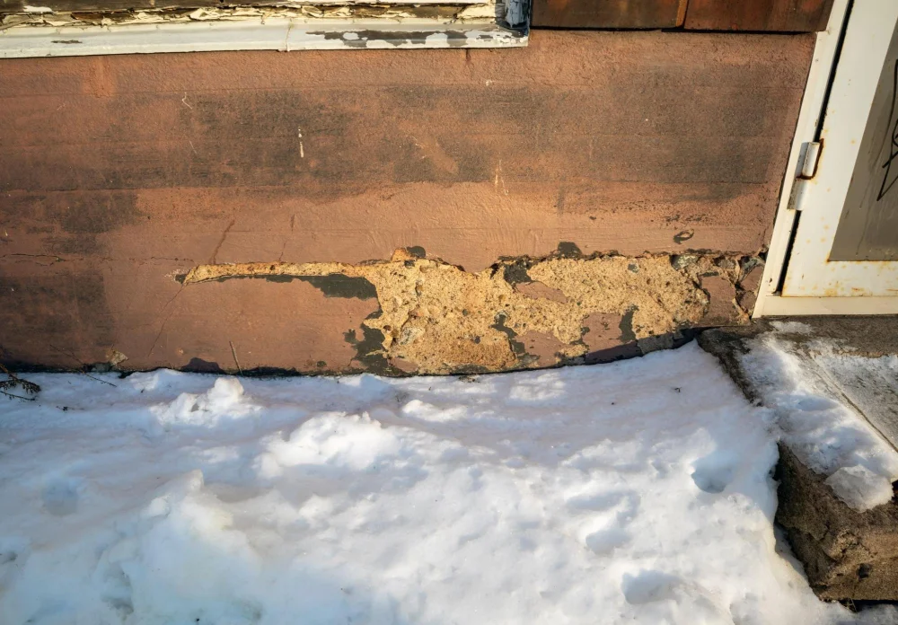 Crumbling stucco near an entry door with snow piled against the wall